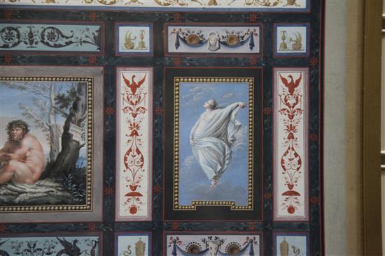 19th century Italian School Renaissance panel decorated with scene of Pan, two nymphs and geometric panels 13 x 21in.